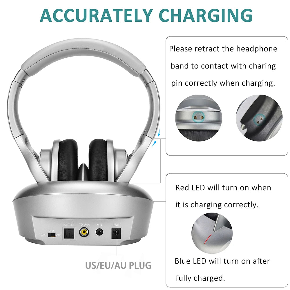 Silver wireless TV headphones on a charging dock, showing how to align pins and status LED light indicators.