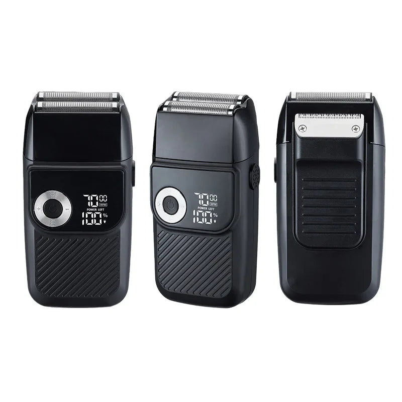 Three black electric foil shavers showing front and back views with an LED digital display and textured grip.