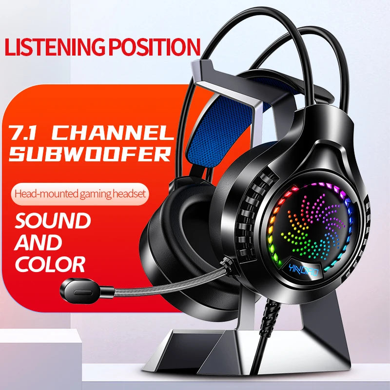 Black wired gaming headset with RGB lighting, surround sound, flexible microphone, and cushioned blue headband.