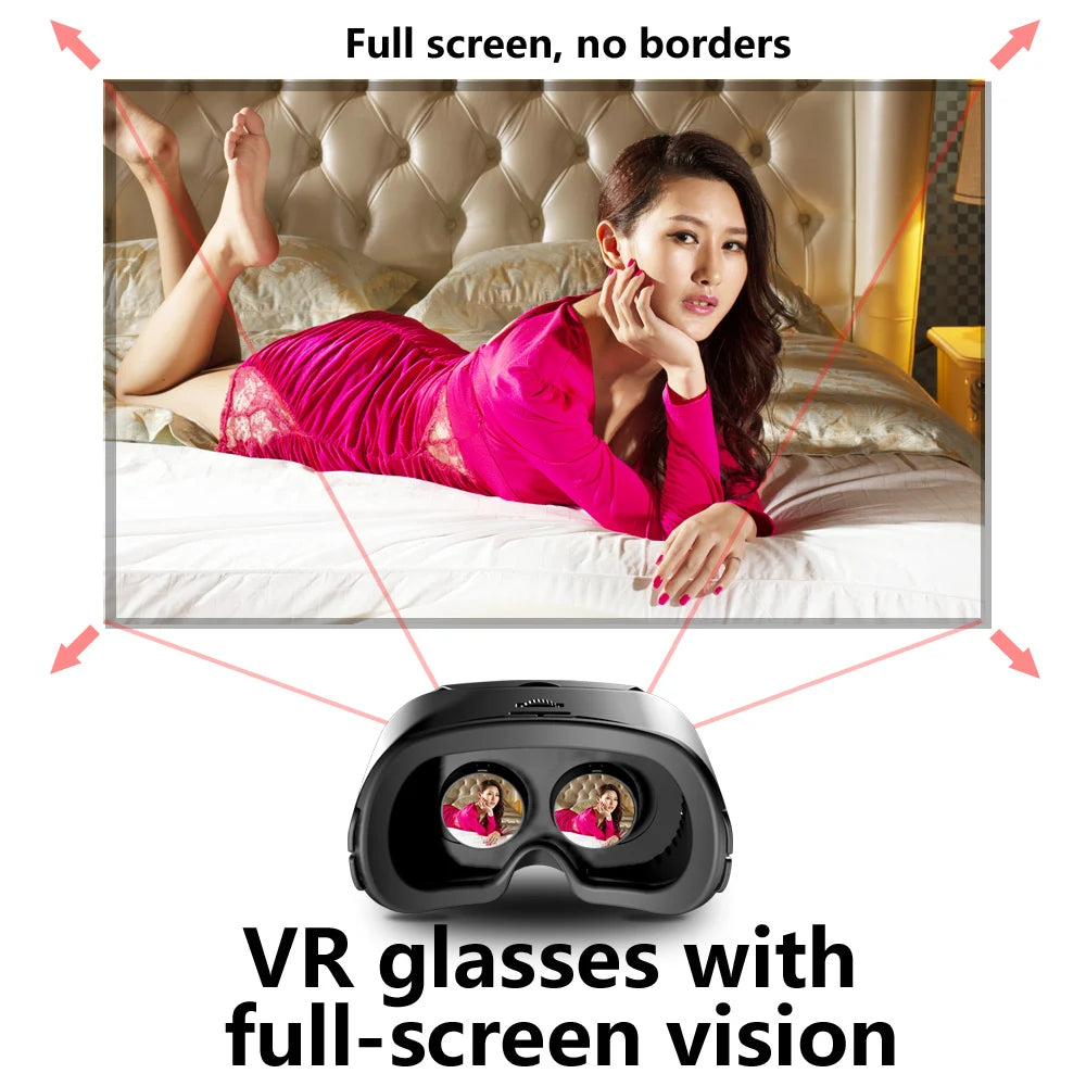 Black 3D VR glasses headset with dual real lenses showing a full-screen image of a woman on a bed.