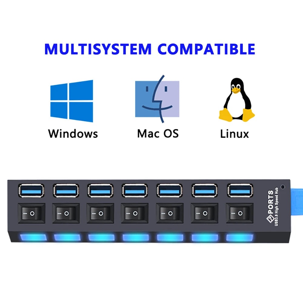 Black 7-port USB 3.0 hub with individual power switches, blue LED indicators, and wide system compatibility.