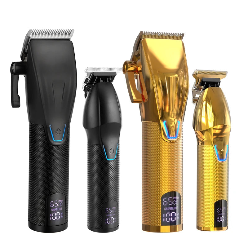 Set of four rechargeable hair trimmers in black and gold finishes, featuring digital LED displays and textured grips.