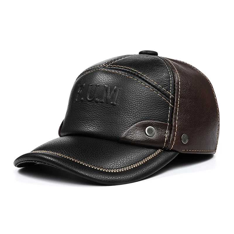 Black and brown genuine leather baseball cap with stitched detailing, metal accents, and foldable ear flaps.