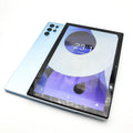 A light blue 10-inch Android tablet with a triple-camera rear design and a bright, touchscreen display.