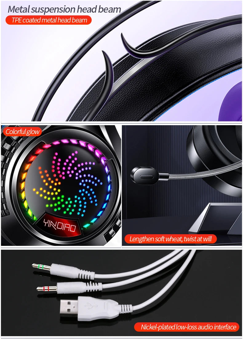 Black gaming headset with RGB lights, flexible microphone, metal suspension headband, and wired audio connectors.