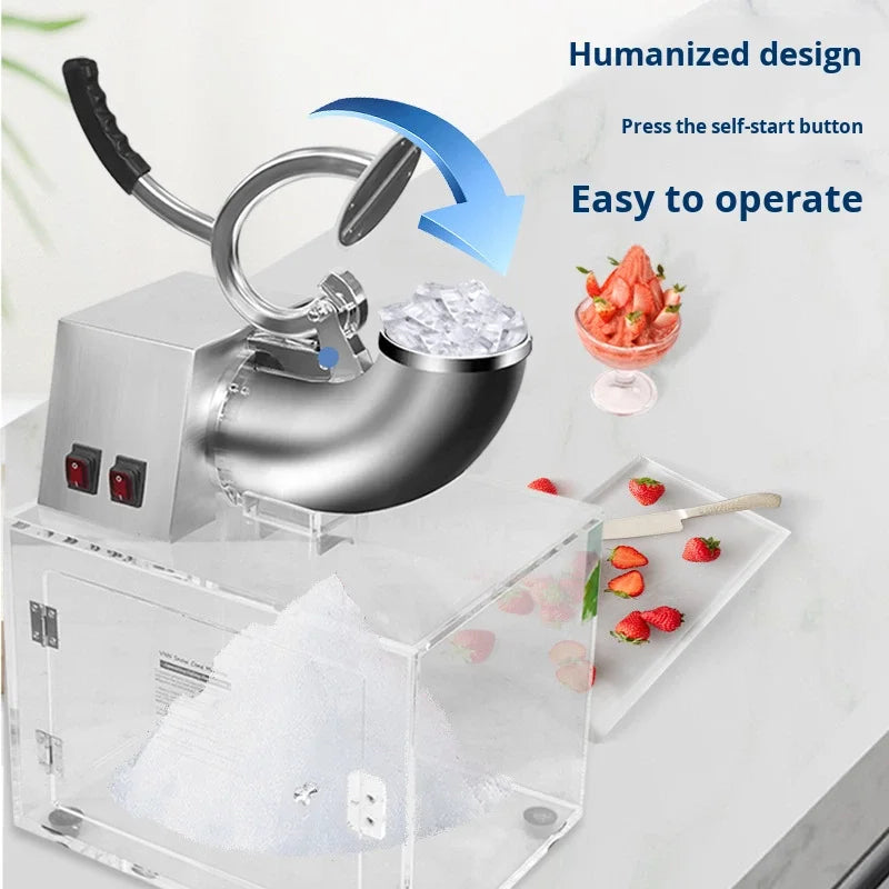 Stainless steel electric ice shaver with a lever and clear acrylic base for collecting shaved ice.