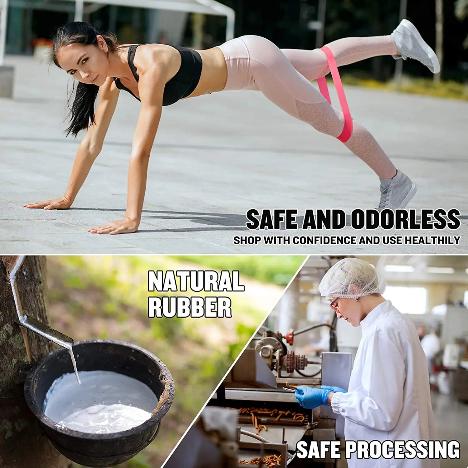 Woman using a pink resistance band for exercise, with close-ups of natural rubber harvesting and factory processing.
