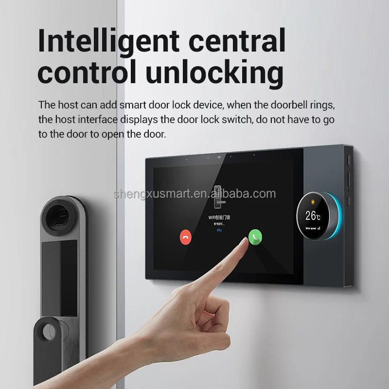 A sleek, dark grey 10-inch smart home touch panel on a wall, showing call controls and a digital climate dial.