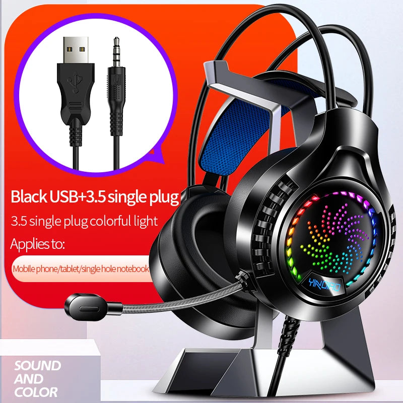 Black gaming headset featuring RGB lighting, a microphone, and both USB and 3.5mm jack connectivity on a display stand.