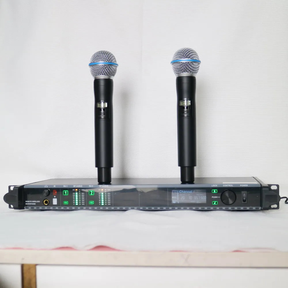 Dual wireless handheld microphone system featuring two black microphones and a digital receiver unit with LED displays.