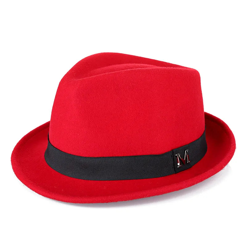 Bright red wool felt fedora with a black grosgrain ribbon band and a metal 'M' detail.