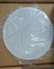 Circular white speaker cover wrapped in protective plastic inside a cardboard box.