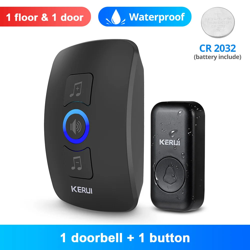 Black plastic Kerui waterproof doorbell and transmitter button with a CR2032 battery included.