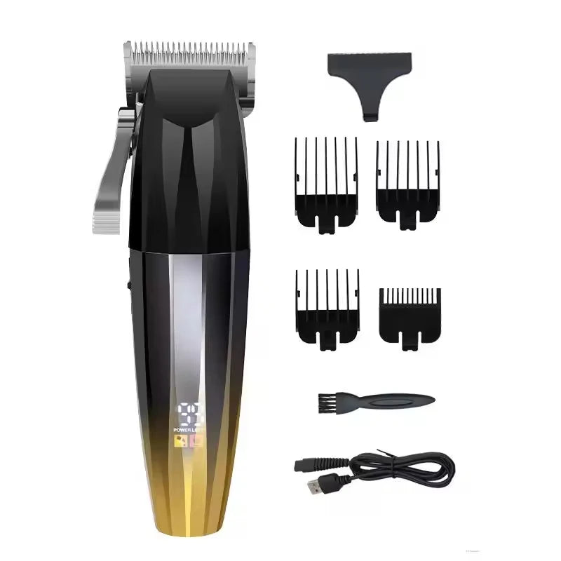 Black and gold cordless hair and beard trimmer with digital display, four attachment combs, cleaning brush and charger.