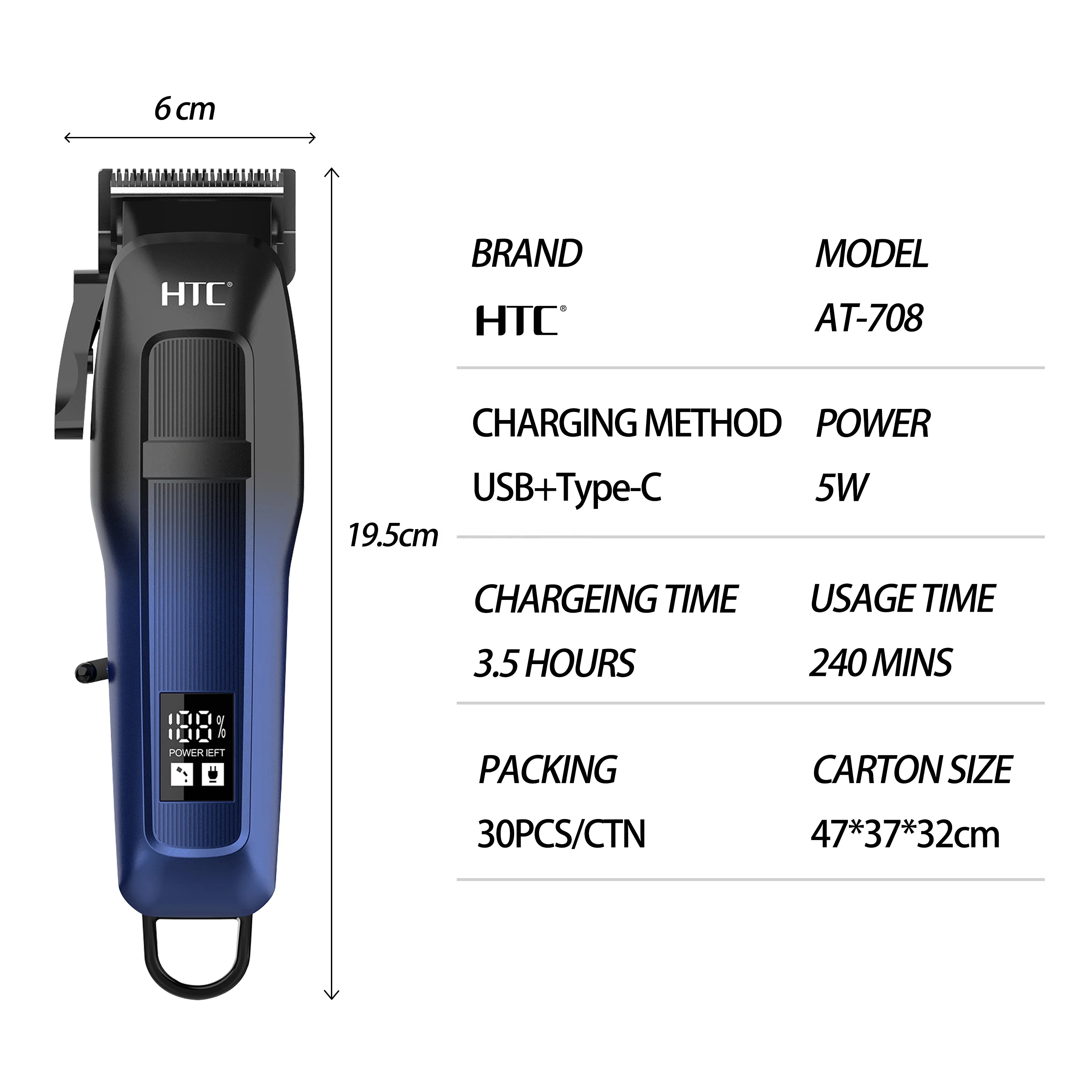 Professional cordless hair clipper in blue and black with a digital LED battery display and USB-C charging.