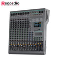Grey 8-channel audio mixer with a digital display, numerous control knobs, sliding faders, and multiple input ports.