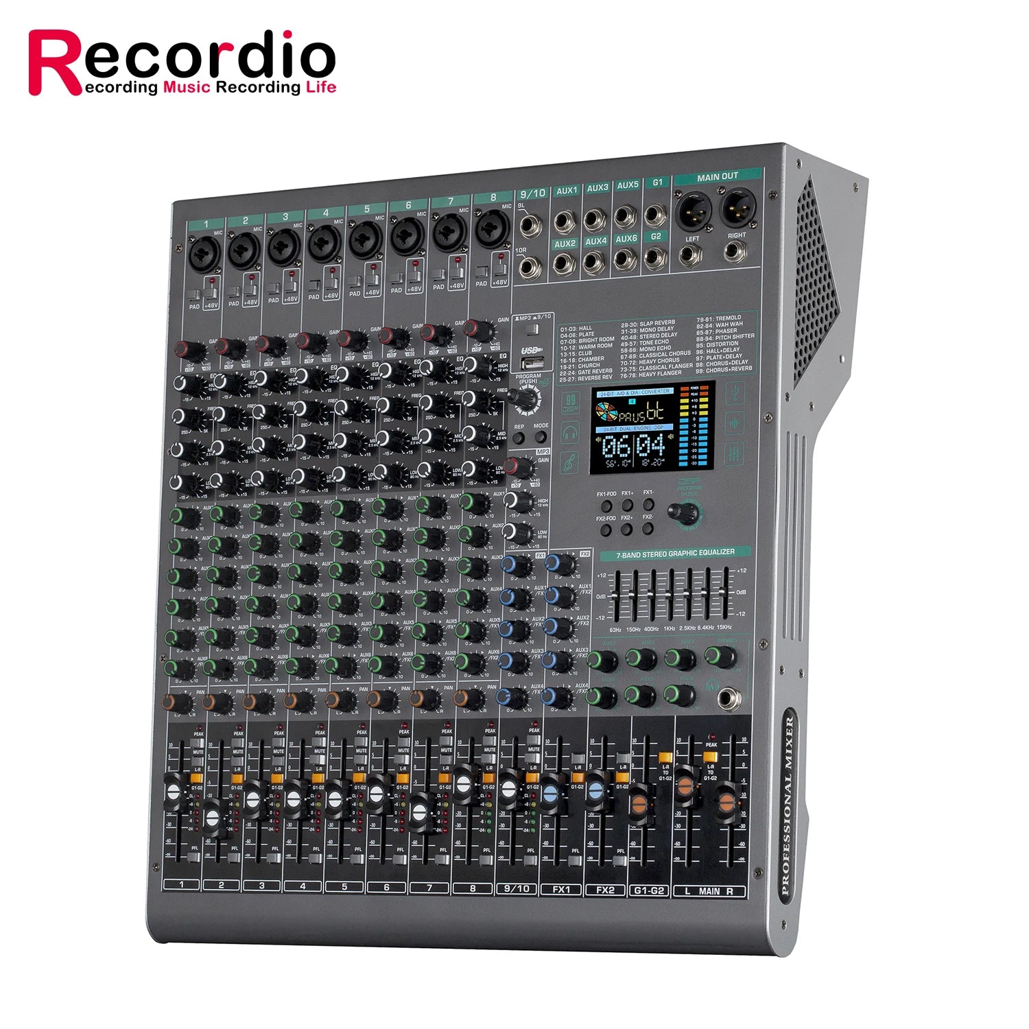 Grey 8-channel audio mixer with a digital display, numerous control knobs, sliding faders, and multiple input ports.