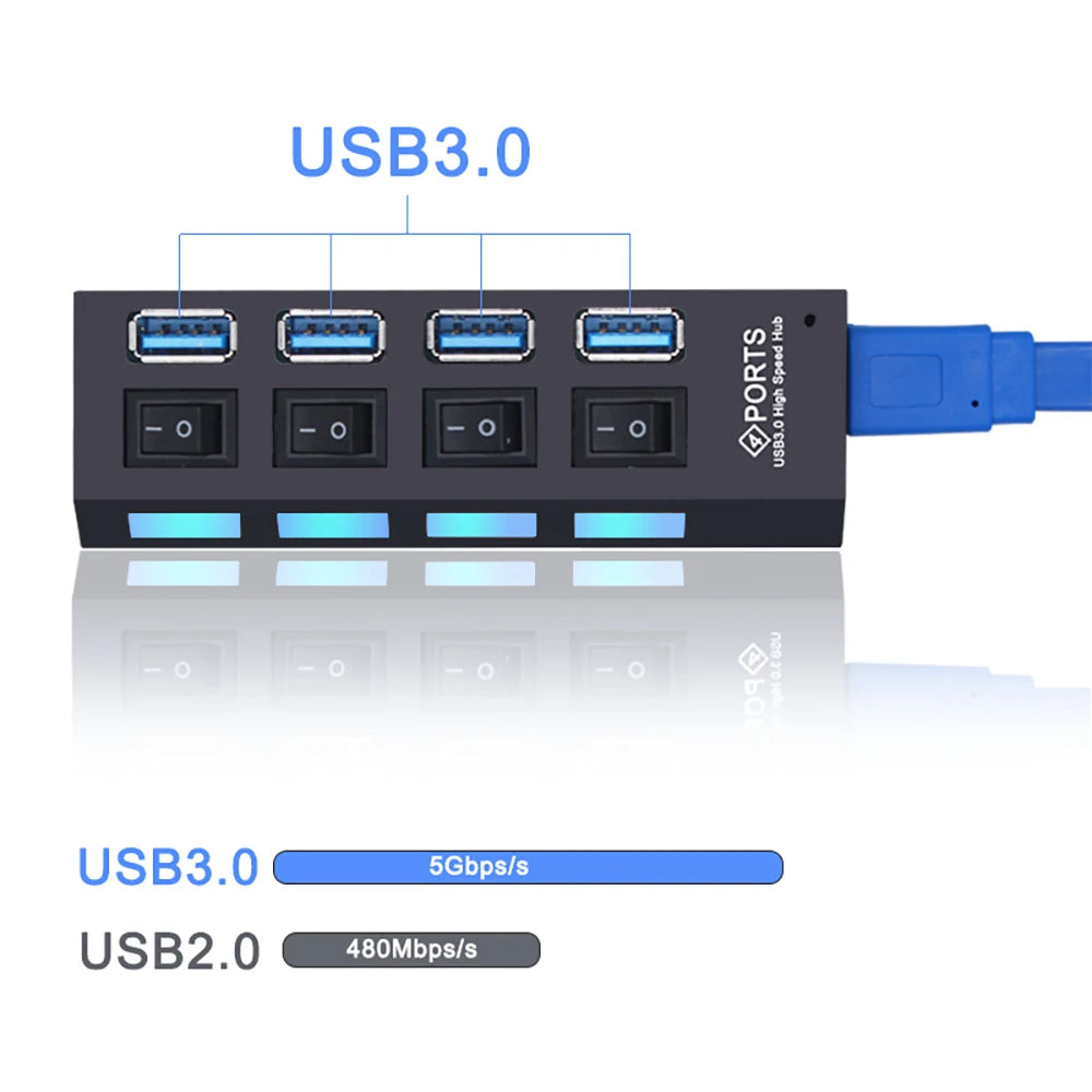 Black 4-port USB 3.0 hub with individual power switches and blue LED indicators for each port.