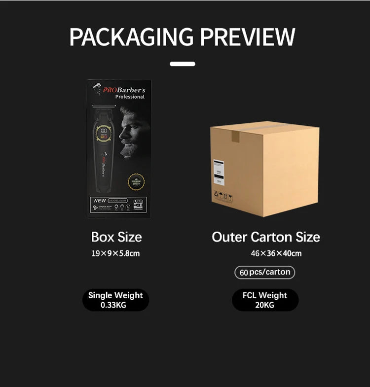 Professional black hair trimmer in retail packaging next to a cardboard shipping carton with weight and size details.