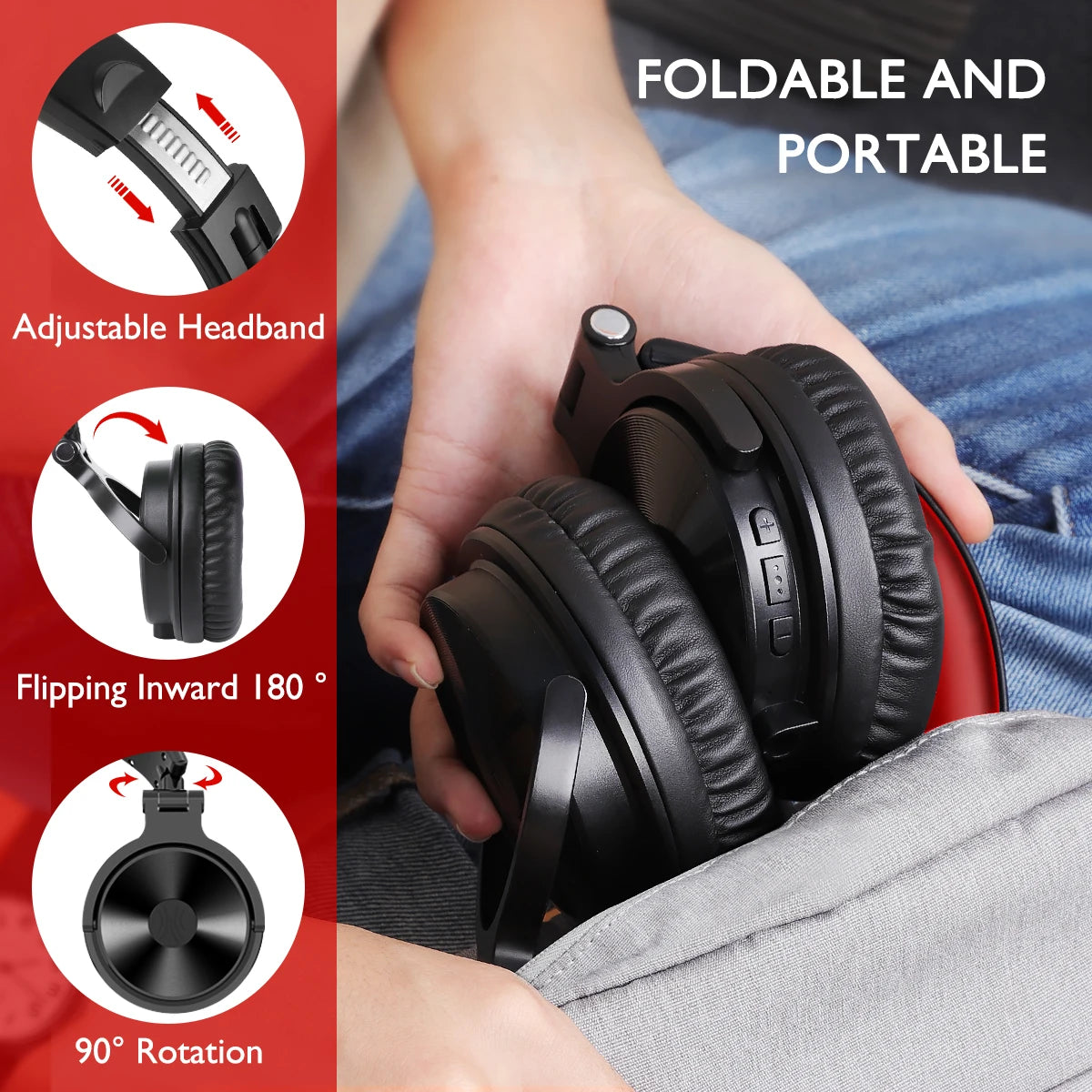 Black, foldable wireless headphones being placed into a pocket. Features adjustable headband and rotating ear cups.