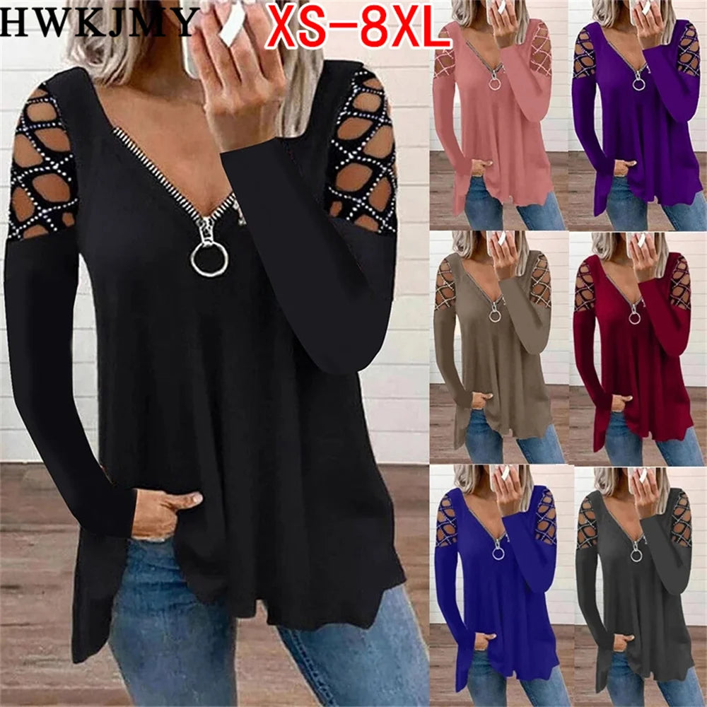 Women's long-sleeve V-neck tops with zip front and lattice cut-out shoulders, available in multiple colours.