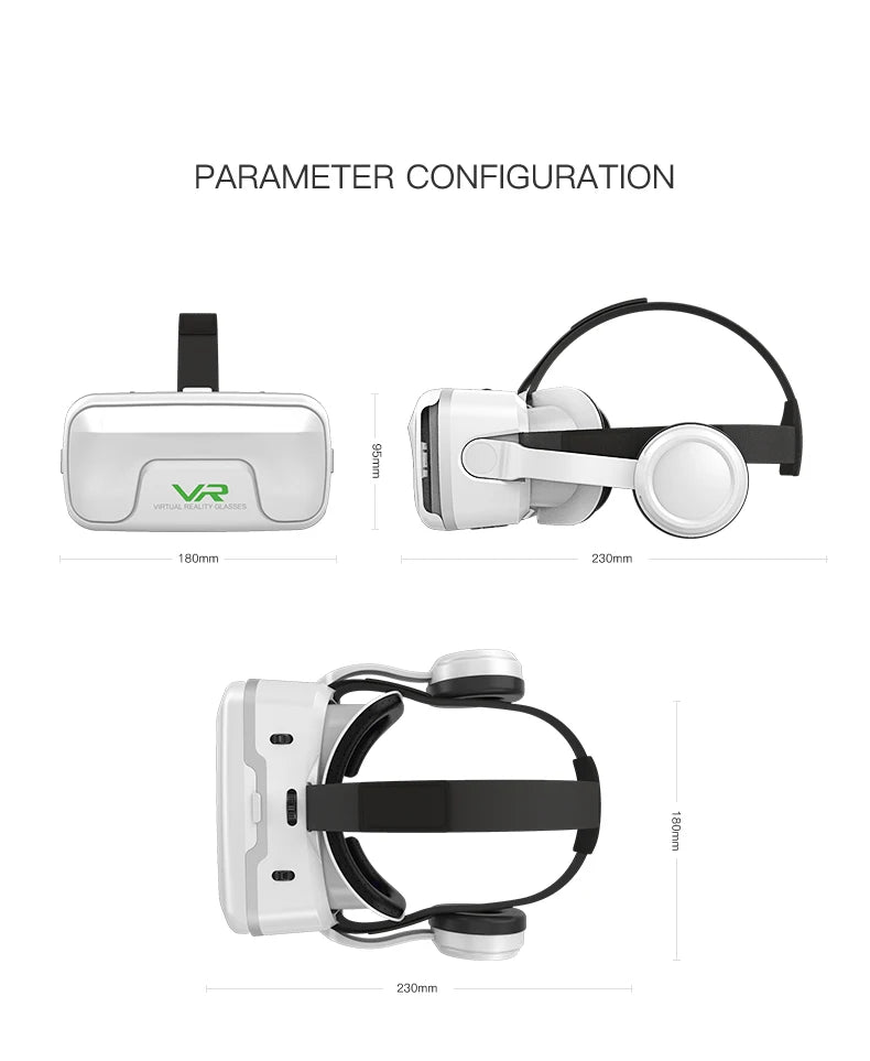 White virtual reality headset for smartphones, featuring integrated headphones and adjustable head straps.