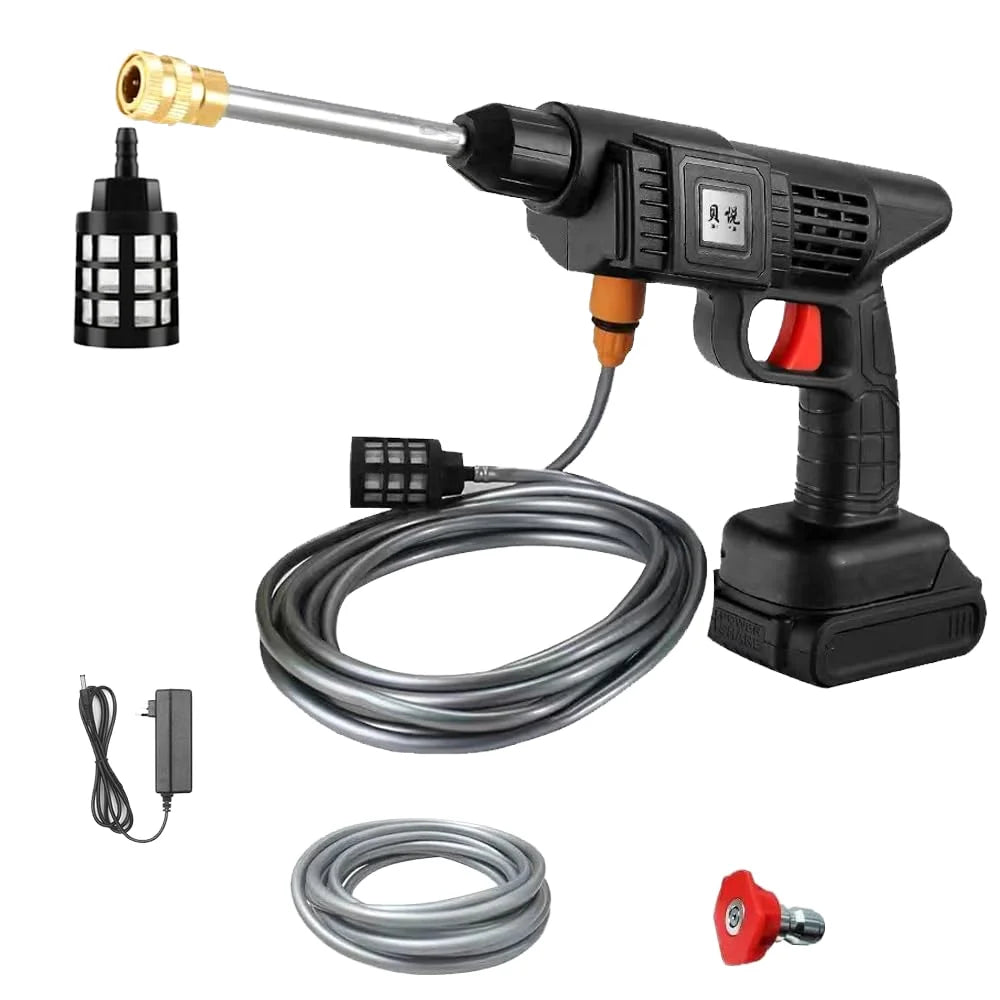 Portable black cordless pressure washer with metal nozzle, water intake hose, red spray tip, and mains charger.