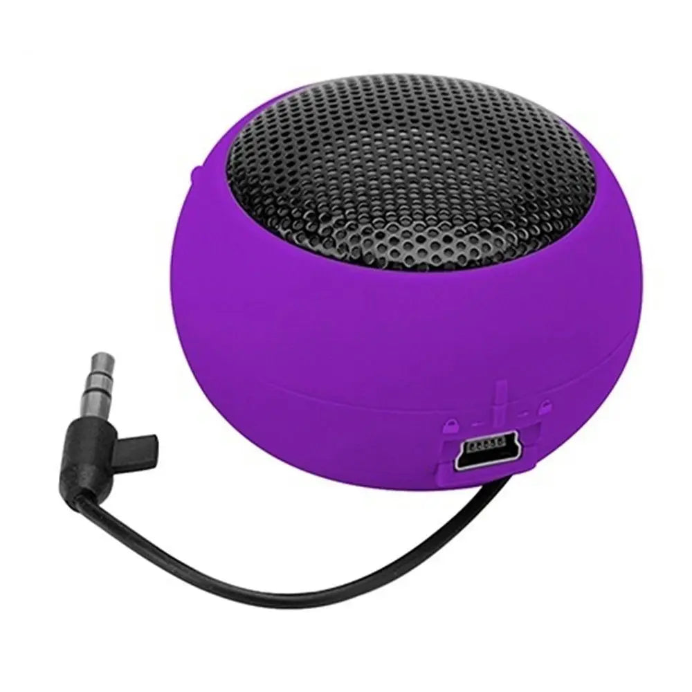 Small, spherical purple portable speaker with a black metal mesh grill, 3.5mm jack, and USB charging port.