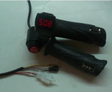 Black electric bike twist throttle set with red digital voltage display, red power button and wiring connectors.