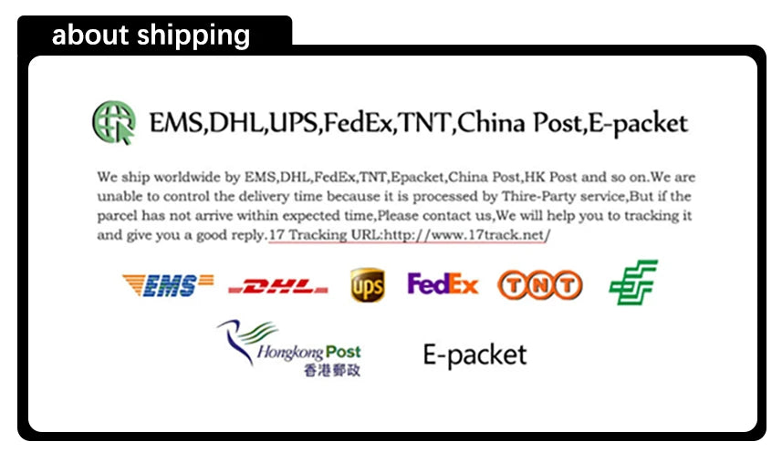 Information graphic detailing worldwide shipping carriers, tracking links, and delivery policy text.