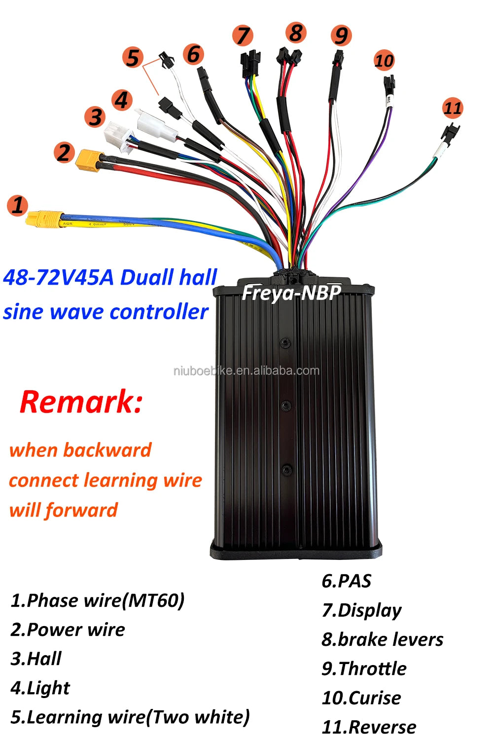 Black 2000W electric bike sine wave controller with eleven numbered multi-coloured wiring connectors.