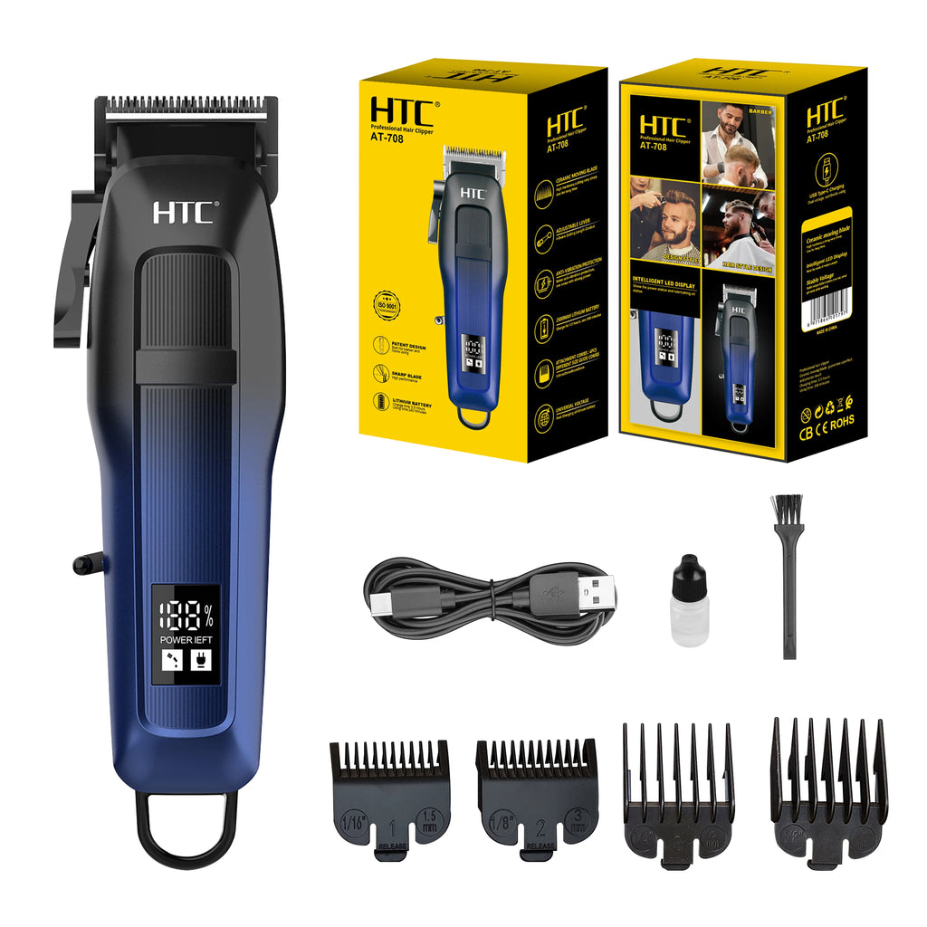 Professional cordless hair trimmer in dark blue with a digital LED display, charging cable, and four guide combs.