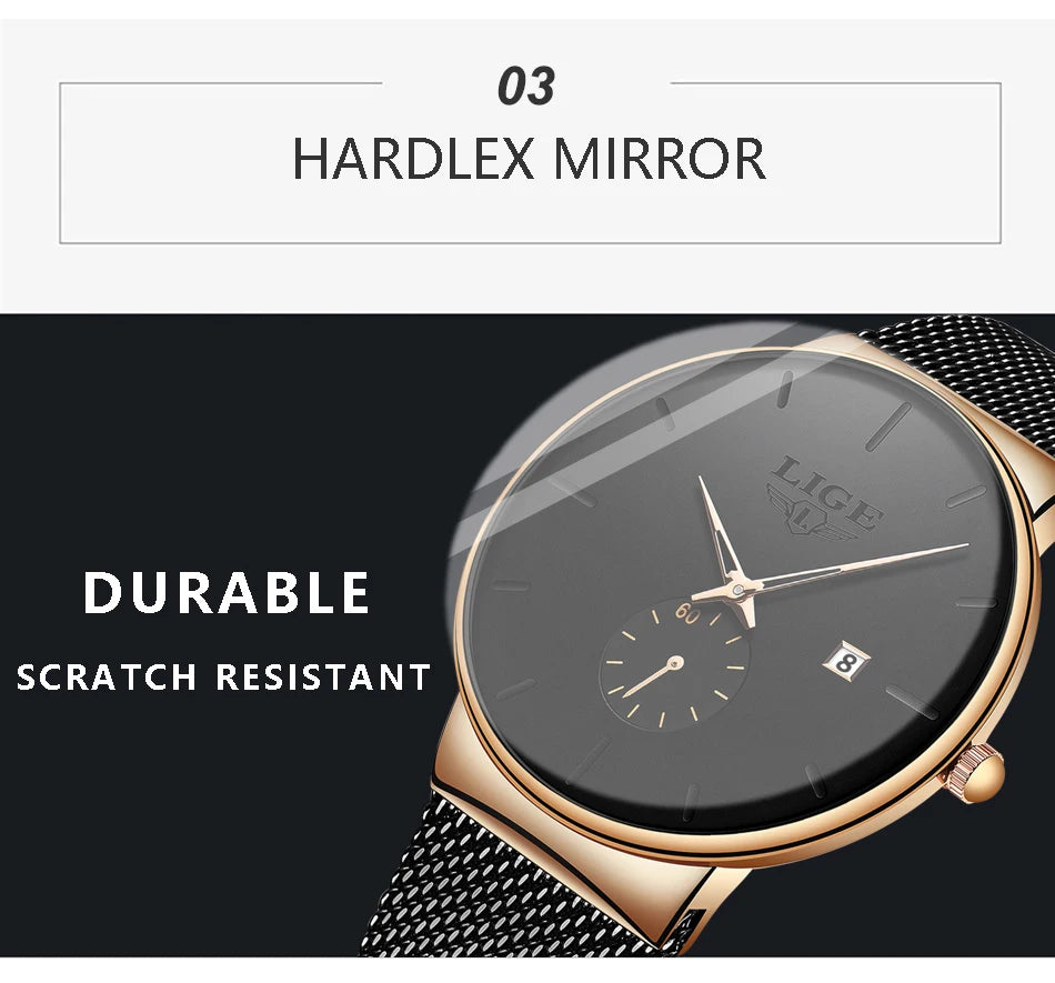 Elegant women's watch with a black dial, rose gold case, and scratch-resistant glass on a black mesh strap.