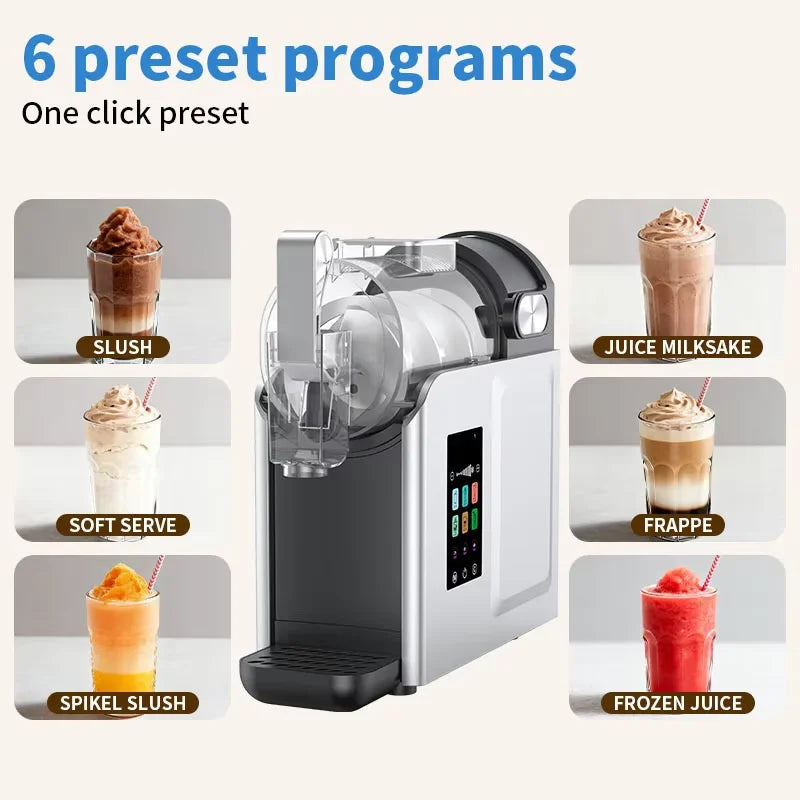 Silver and black countertop frozen dessert maker with a digital display and six preset program options for drinks.
