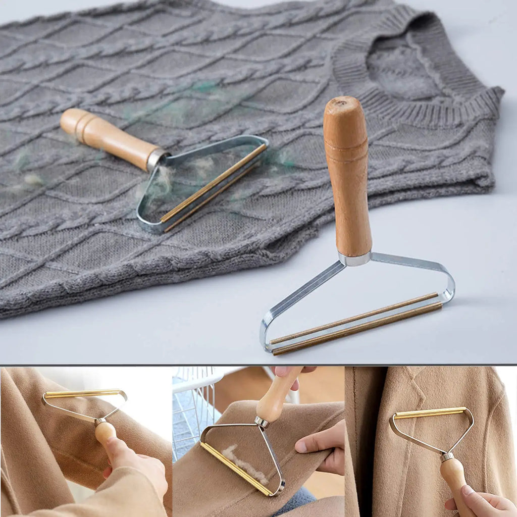 Portable fabric lint remover with a wooden handle and copper head, shown cleaning knitwear and wool garments.