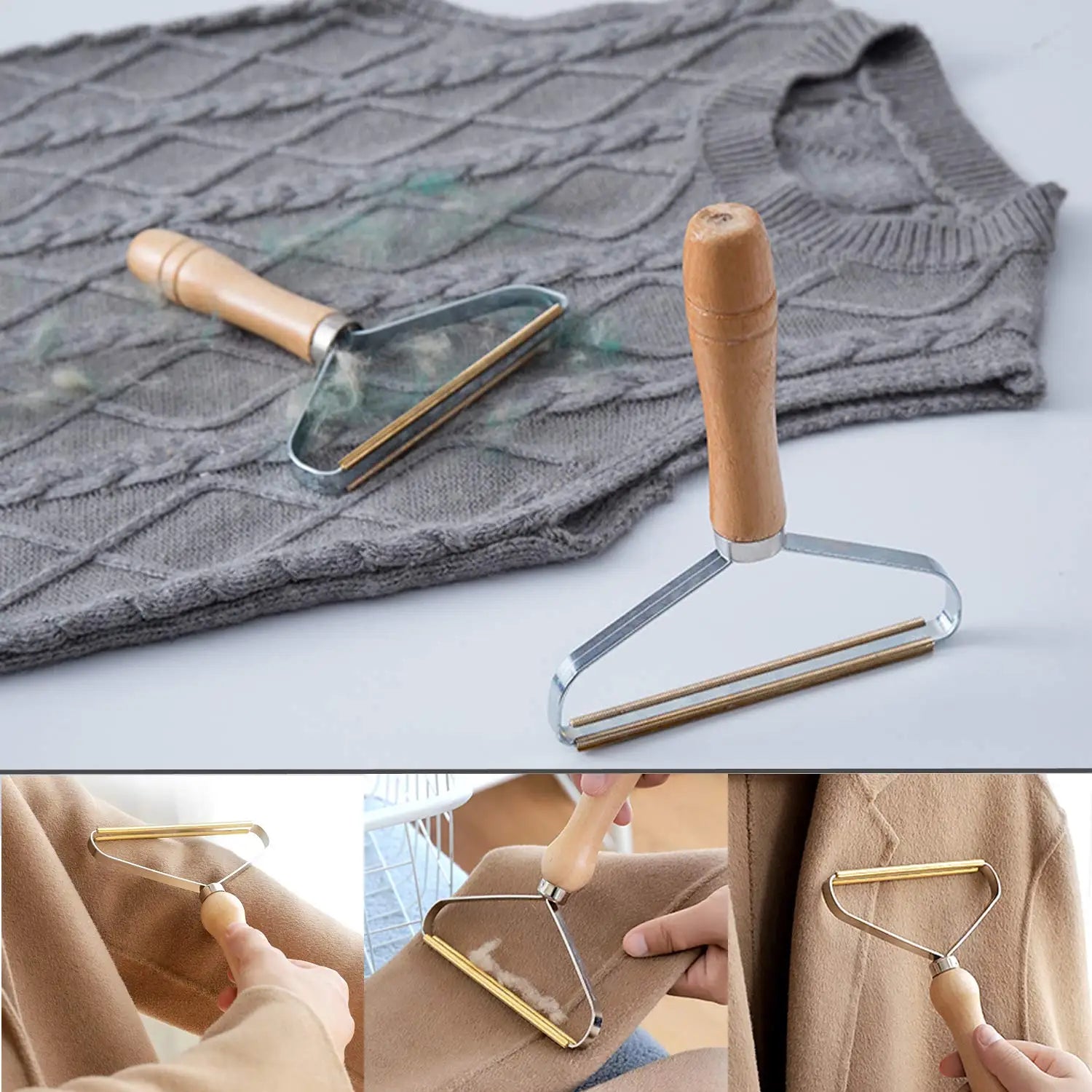 Portable fabric lint remover with a wooden handle and copper head, shown cleaning knitwear and wool garments.