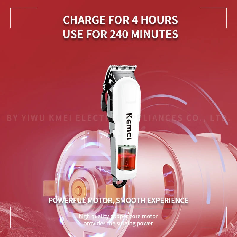 White cordless hair clipper with metal blades, featuring a digital battery display and powerful copper-core motor.