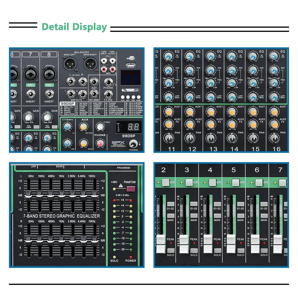 16-channel black audio mixing console with colourful control knobs, faders, digital display and graphic equaliser.