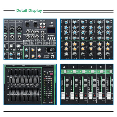 16-channel black audio mixing console with colourful control knobs, faders, digital display and graphic equaliser.