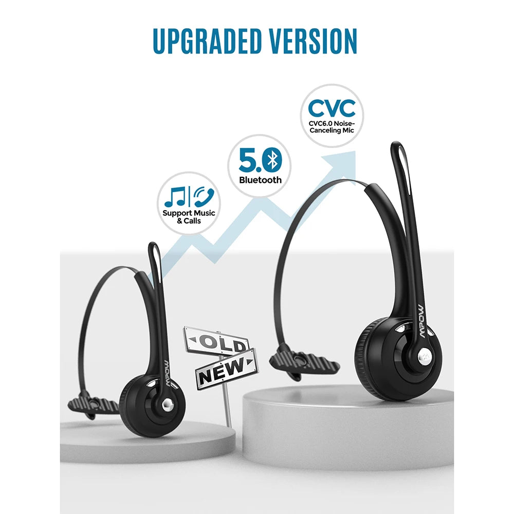 Black wireless office headset with a microphone, noise-cancelling features, and Bluetooth connectivity.