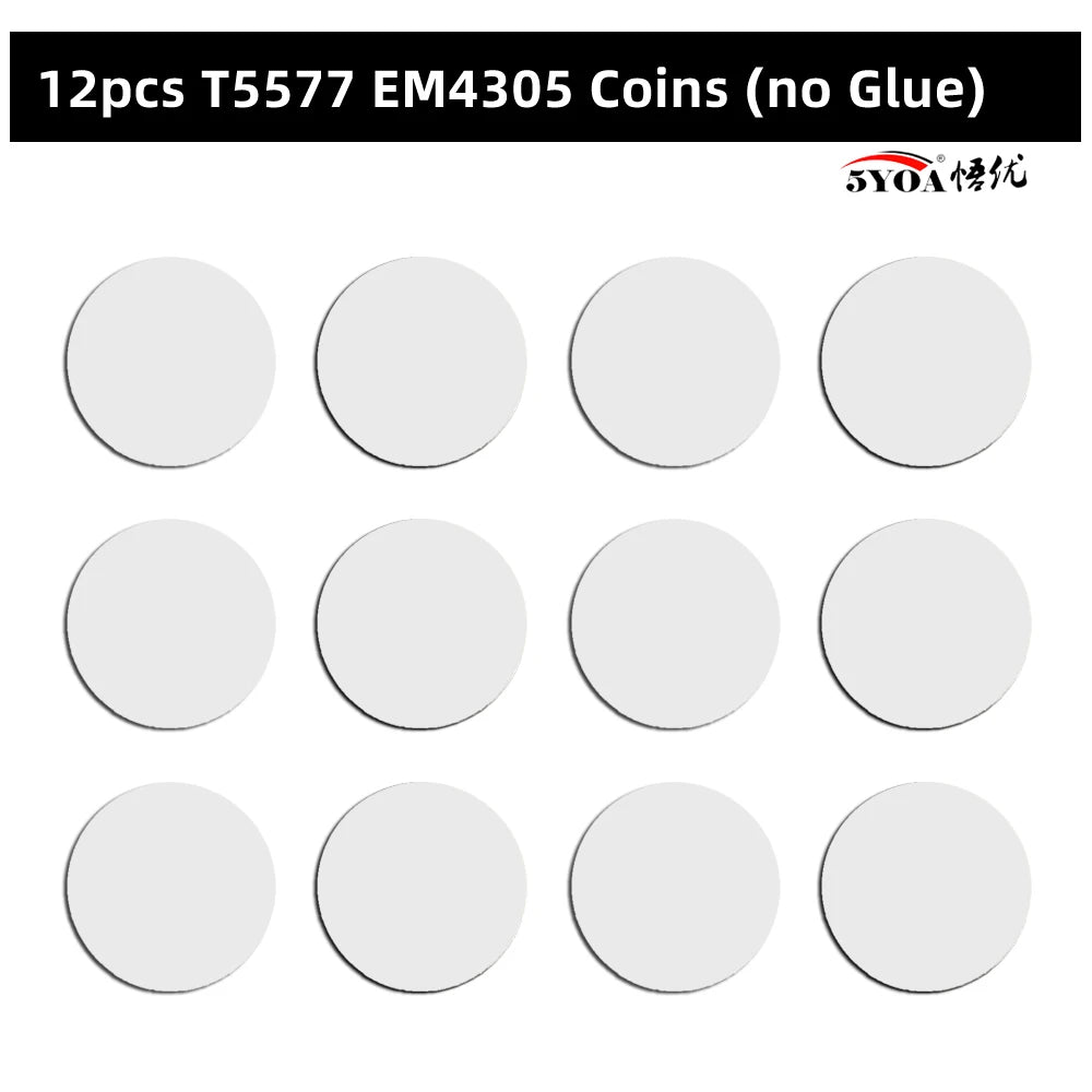 Twelve circular white plastic RFID T5577 EM4305 coins without adhesive backing arranged in a grid.