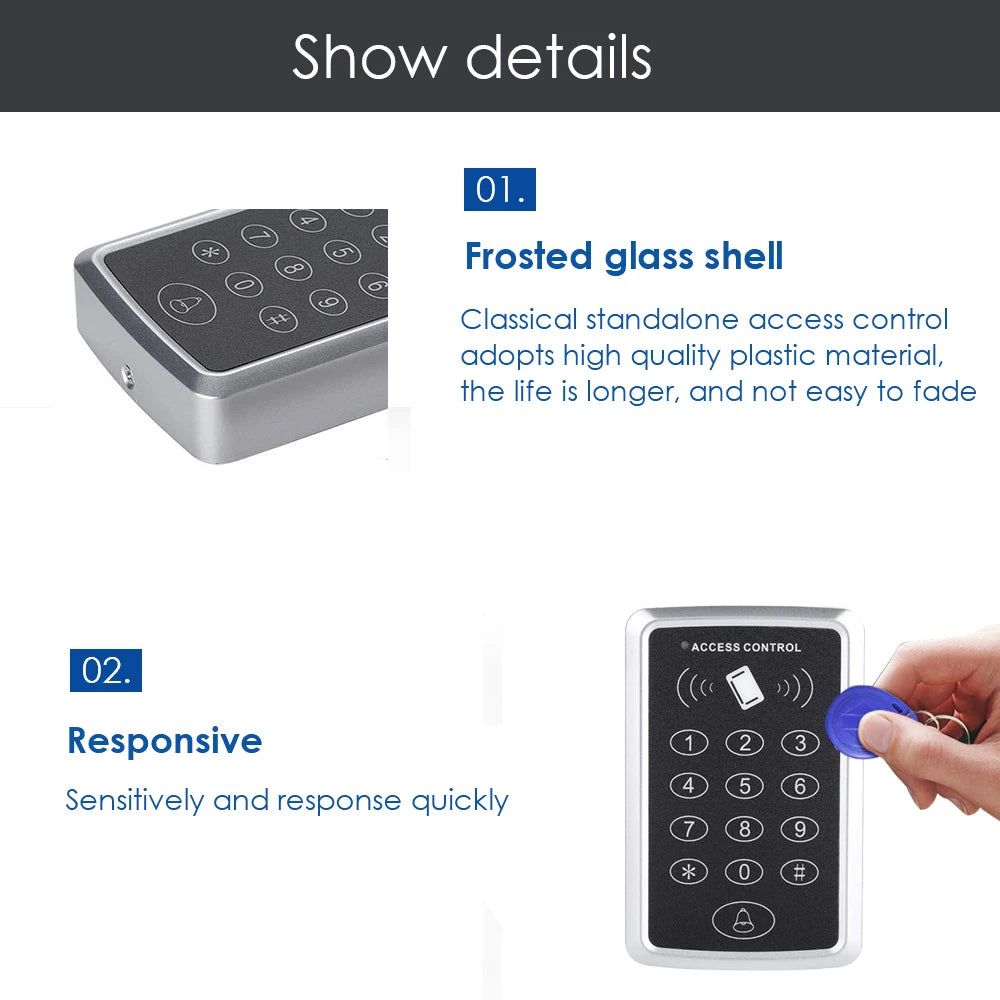 Silver and black access control keypad with a frosted glass face, numeric buttons, and RFID tag reader.