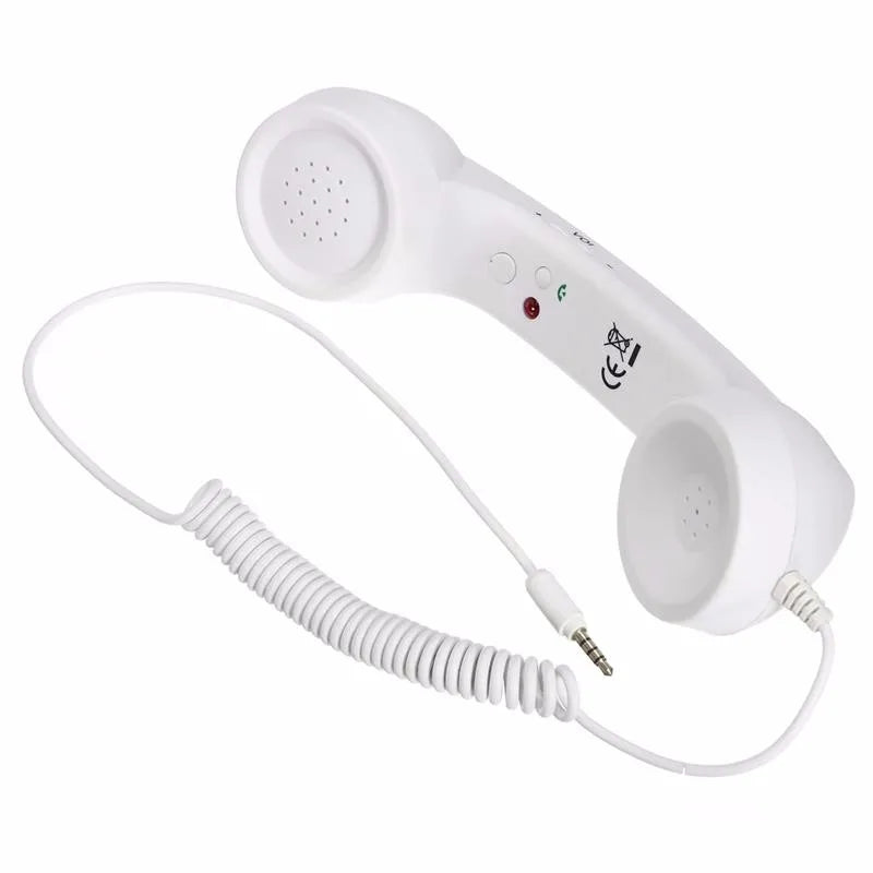 Retro-style white telephone handset with a coiled cord and 3.5mm jack for smartphones and mobile devices.