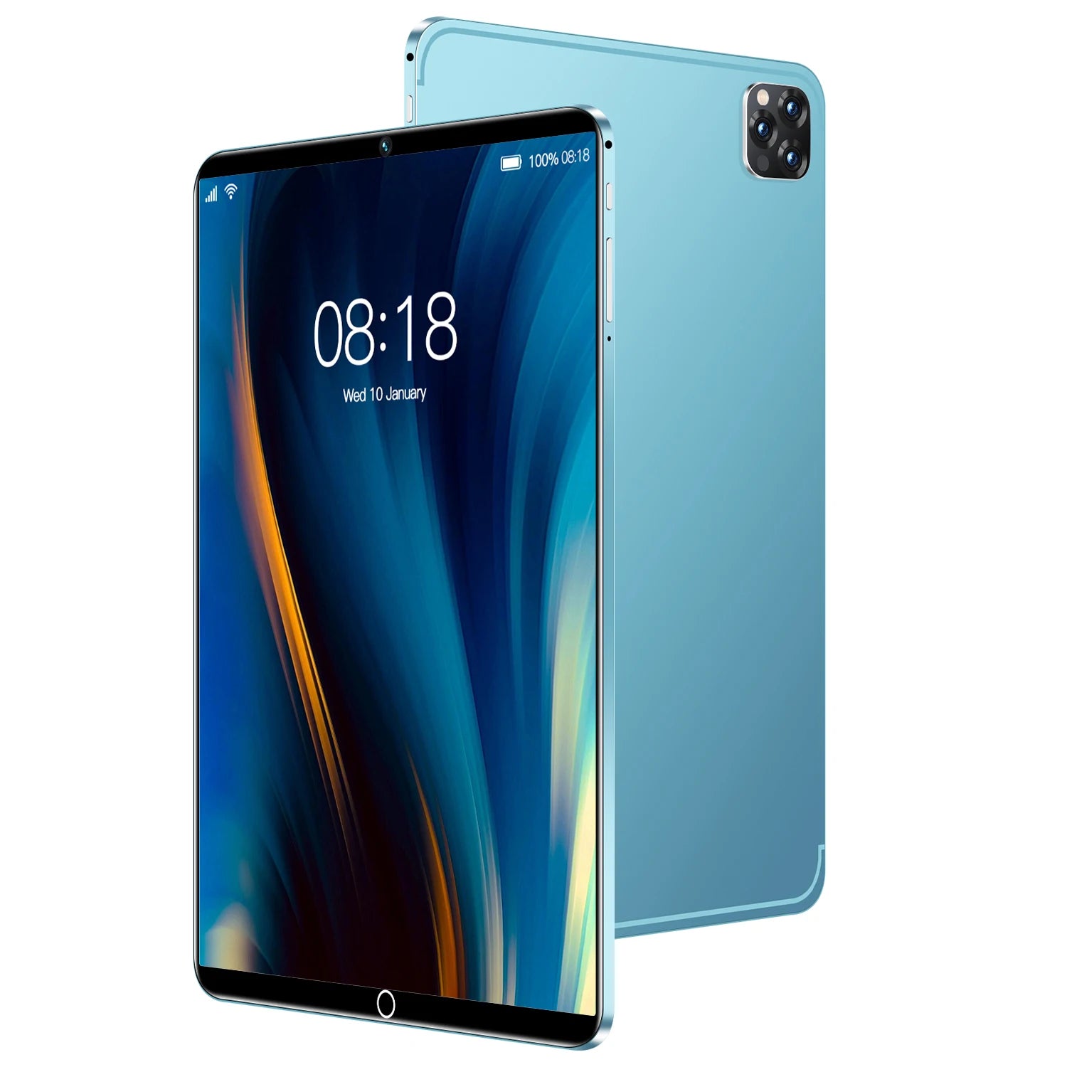Slim sky-blue 10.1-inch Android tablet featuring a sleek design, triple-lens camera, and vibrant digital display.