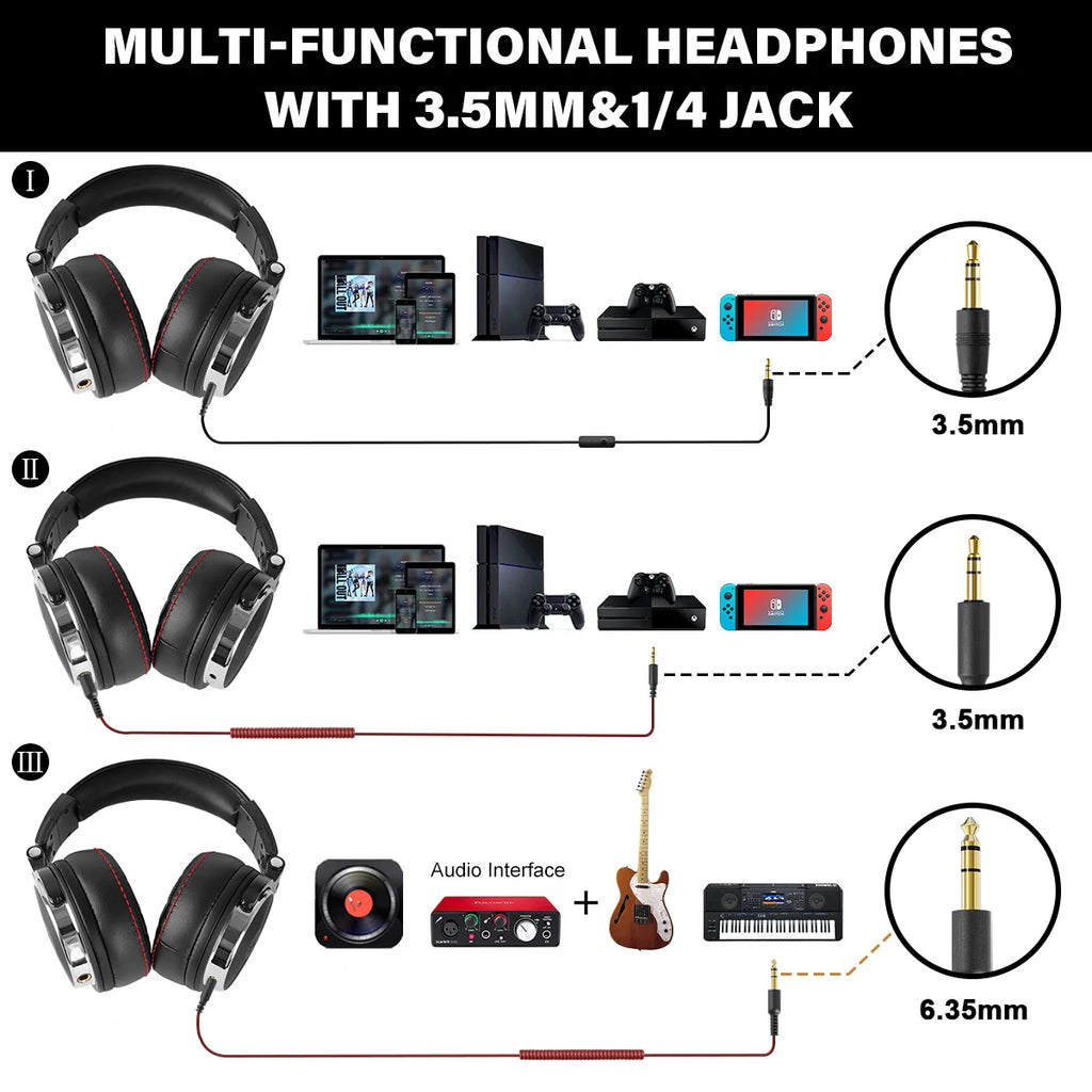 Black over-ear studio headphones with red stitching, featuring 3.5mm and 6.35mm jack options for versatile connectivity.
