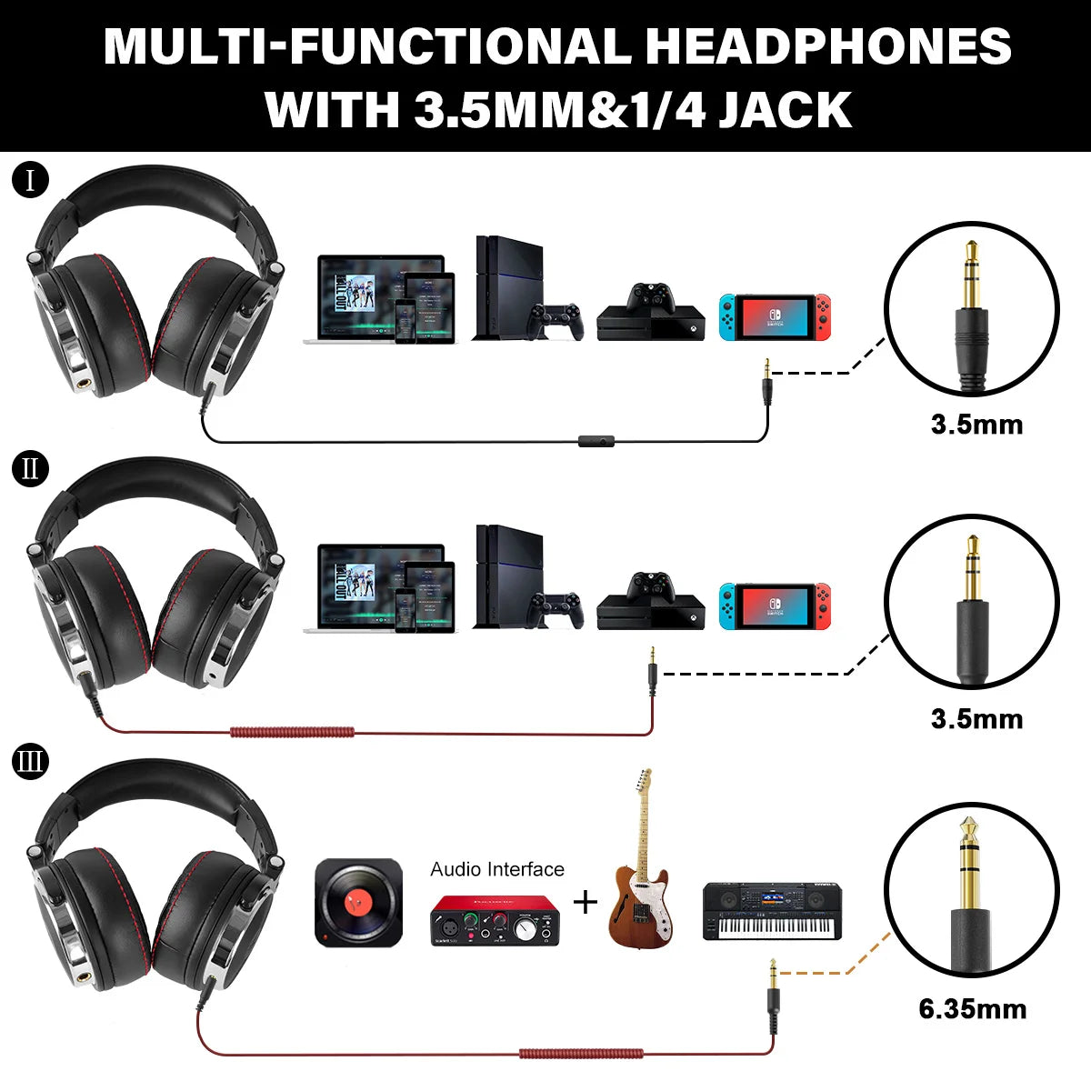 Black over-ear studio headphones with red stitching, featuring 3.5mm and 6.35mm jack options for versatile connectivity.