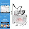 Silver electric ice crusher with a clear, square collection bin and a lever-operated metal chute.