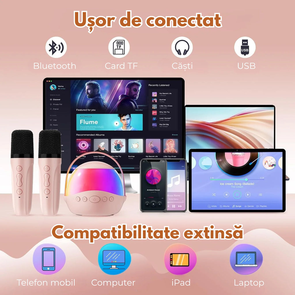 Rose gold portable karaoke speaker with two matching microphones, showing Bluetooth, USB, and multi-device connectivity.