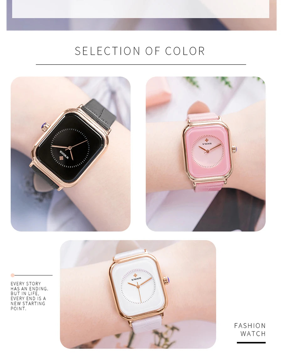 Ladies' square fashion watches with rose gold-tone cases and leather straps, available in black, pink, and white.
