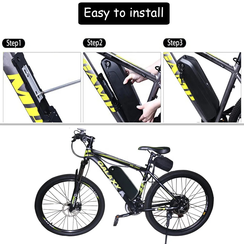 Black e-bike conversion battery pack with easy three-step frame mounting instructions shown on a mountain bike.